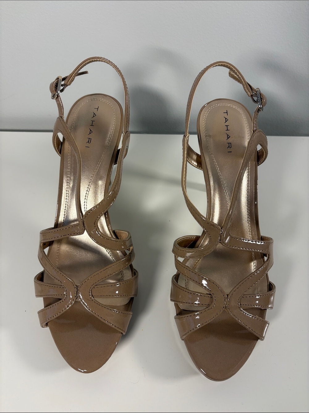 Tahari Patent Beige Strappy Slingback Heels